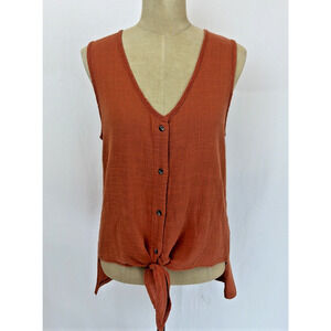 XCVI Wearables Orange Button Up Tied High Low Hem Sleeveless Top #0654 Size L